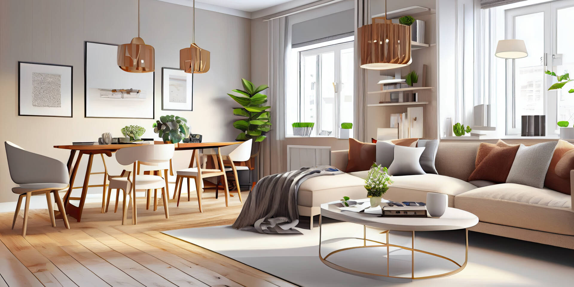 Stylish scandinavian living room with design mint sofa, furnitures, mock up poster map, plants and elegant personal accessories. Modern home decor. Bright and sunny room. Generative AI illustration.