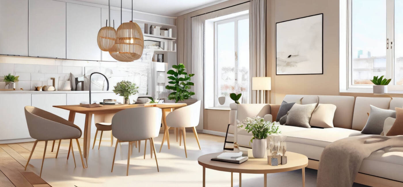 Stylish scandinavian living room with design mint sofa, furnitures, mock up poster map, plants and elegant personal accessories. Modern home decor. Bright and sunny room. Generative AI illustration